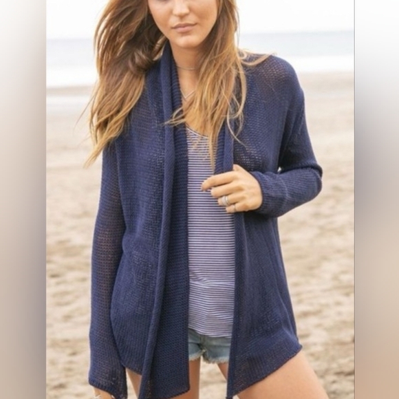 Wooden Ships Wool Mohair Cardigan Sweater Womens Small Medium Blue Open Stitch - Picture 1 of 12